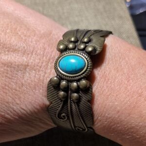 Faux Turquoise Feather Patterned Open Cuff Fashion Bracelet